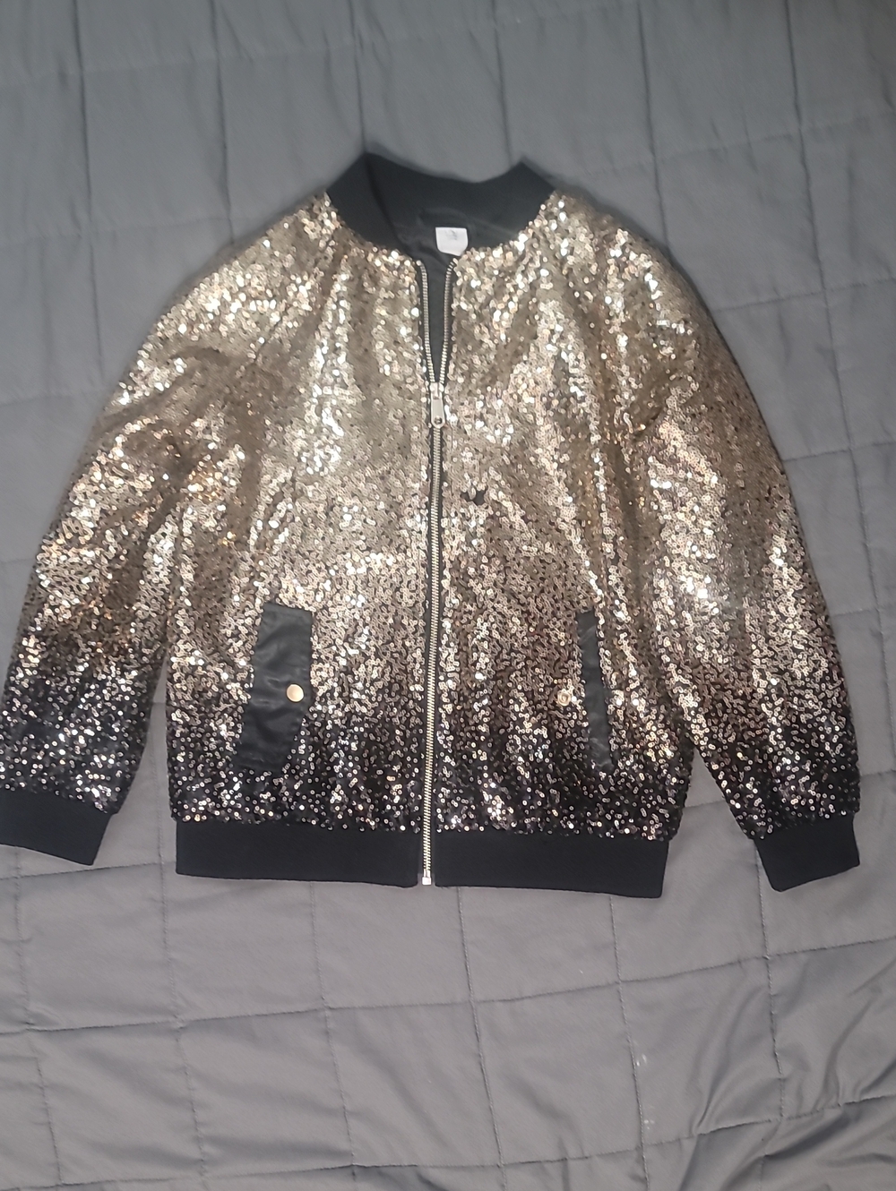 Maurices Gold Sequin Bomber Jacket with Black Trim